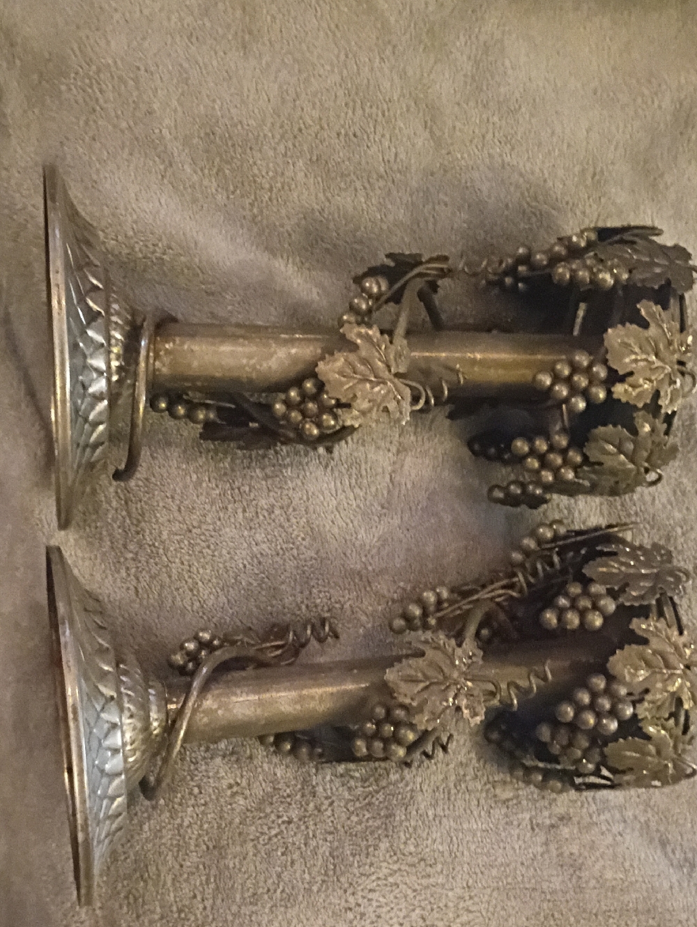 Ornate Grape Motif Brass Candle Holders - Brass Tone